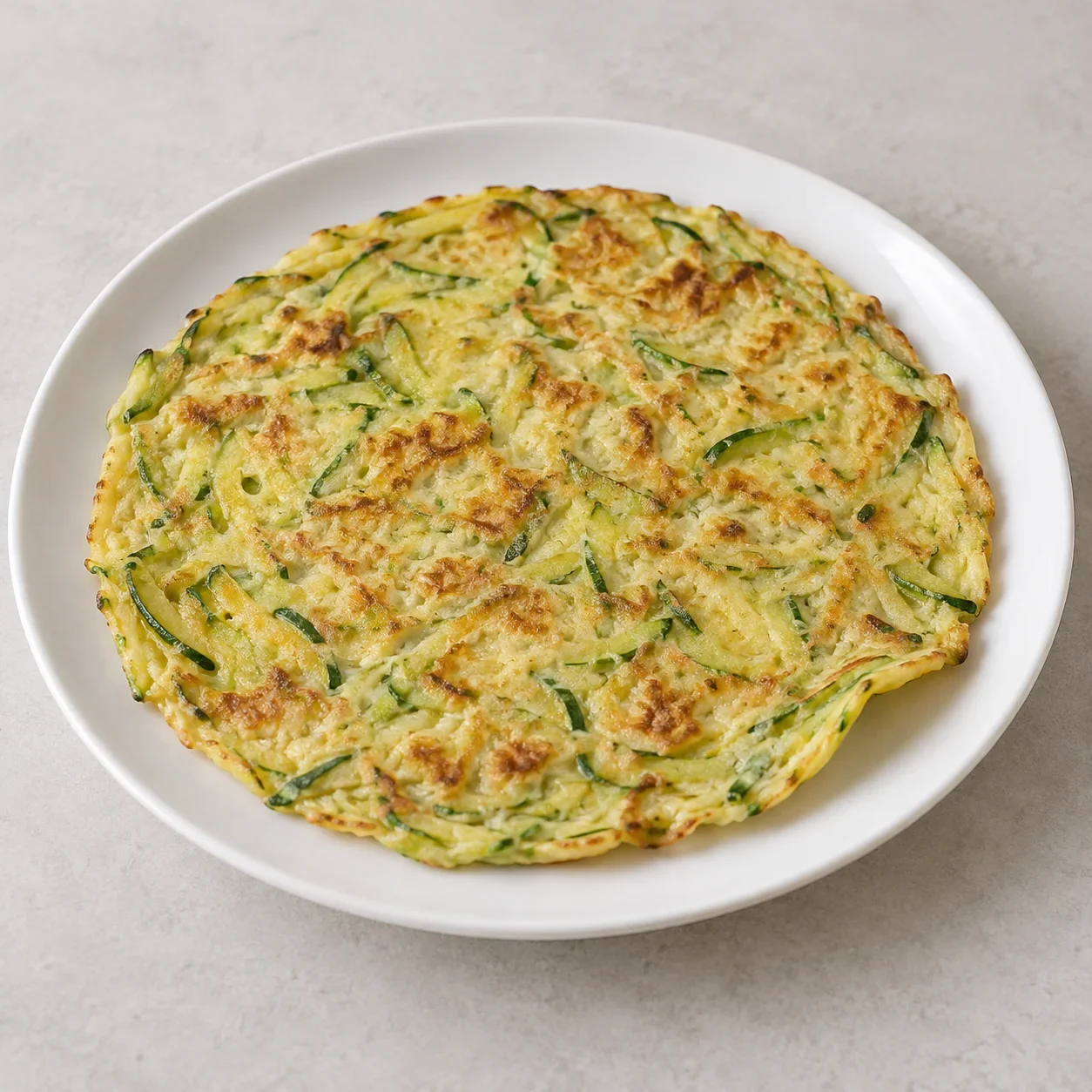 Illustration of hutazi, a golden Beijing zucchini-and-egg pancake with green vegetable strands.