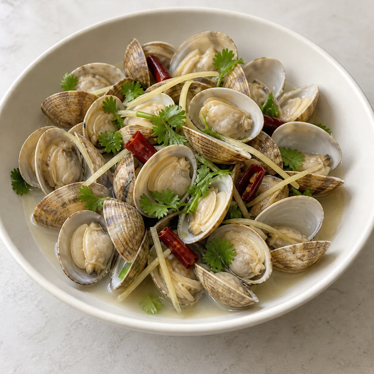 Generated guide illustration: Qingdao chili stir-fried clams.