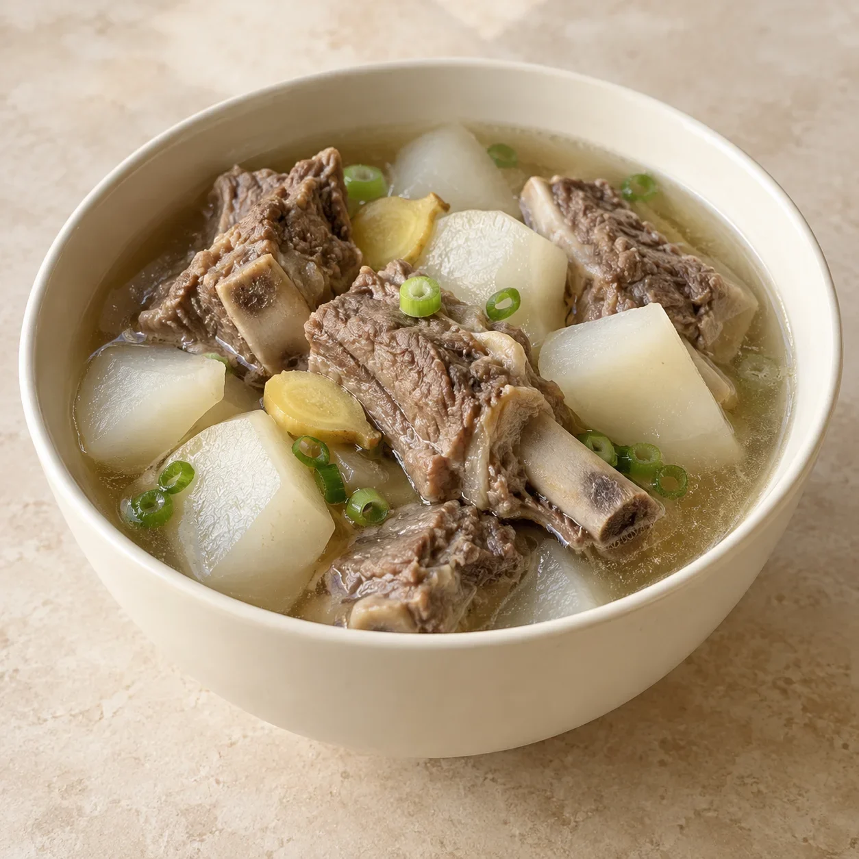 Generated guide illustration of yak ribs with radish, not a restaurant photograph.