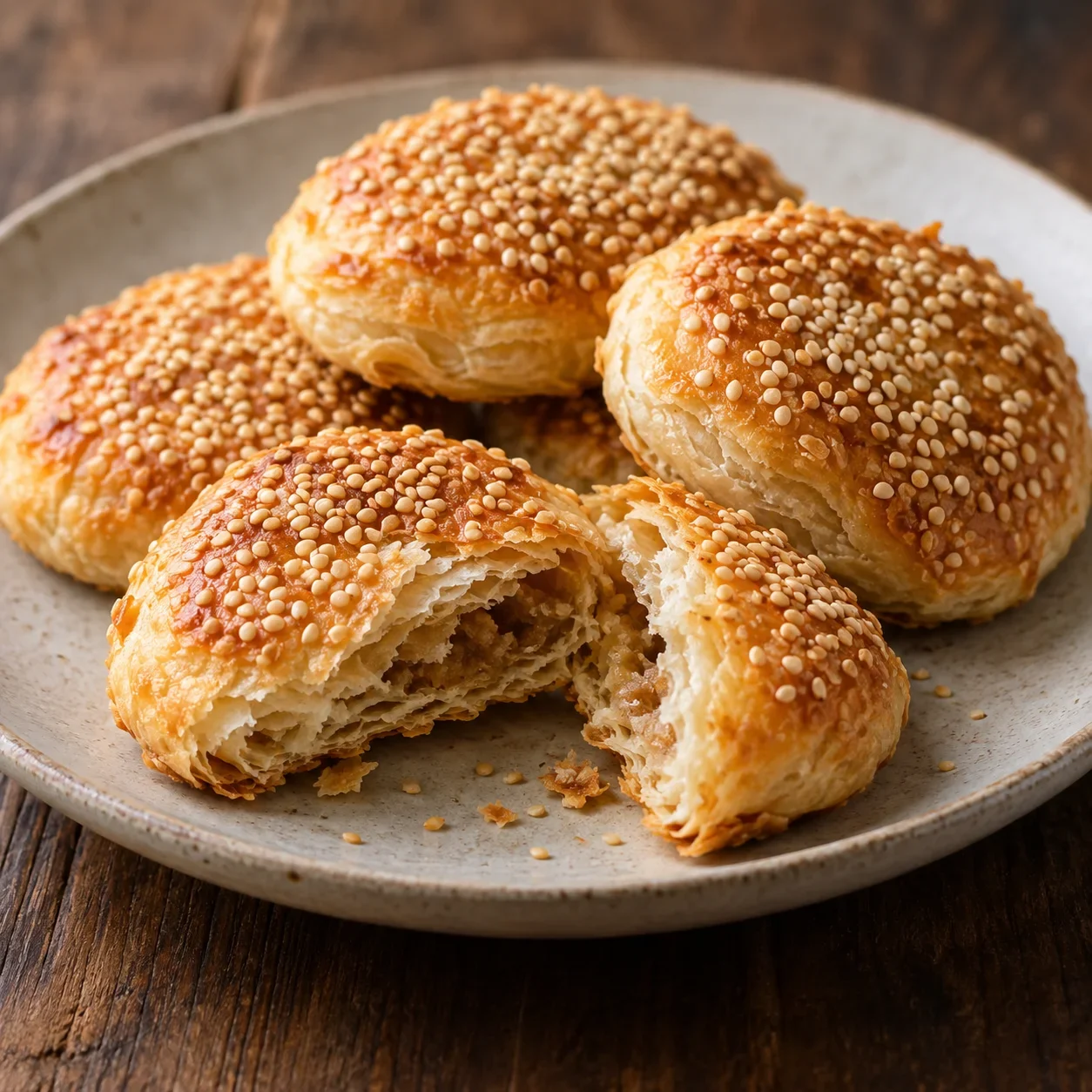 AI-generated editorial illustration of Sesame-topped flaky pastry (xie ke huang).