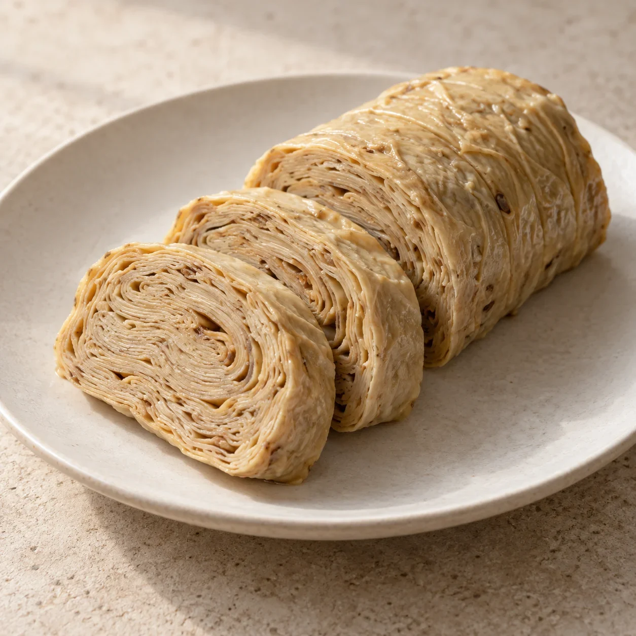 AI-generated editorial illustration of Luojiang seasoned soy-skin rolls.