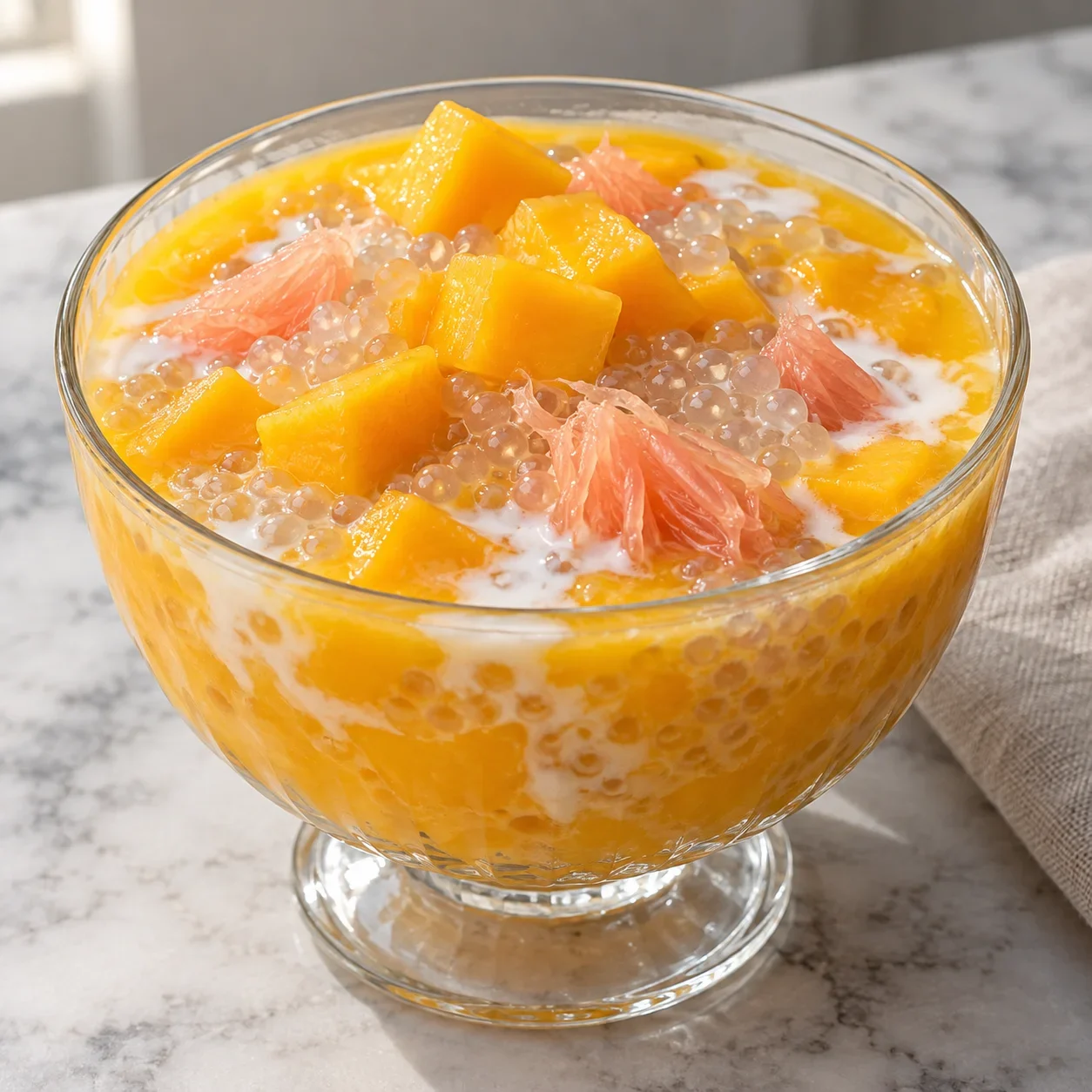 AI-generated editorial illustration of Mango pomelo sago.