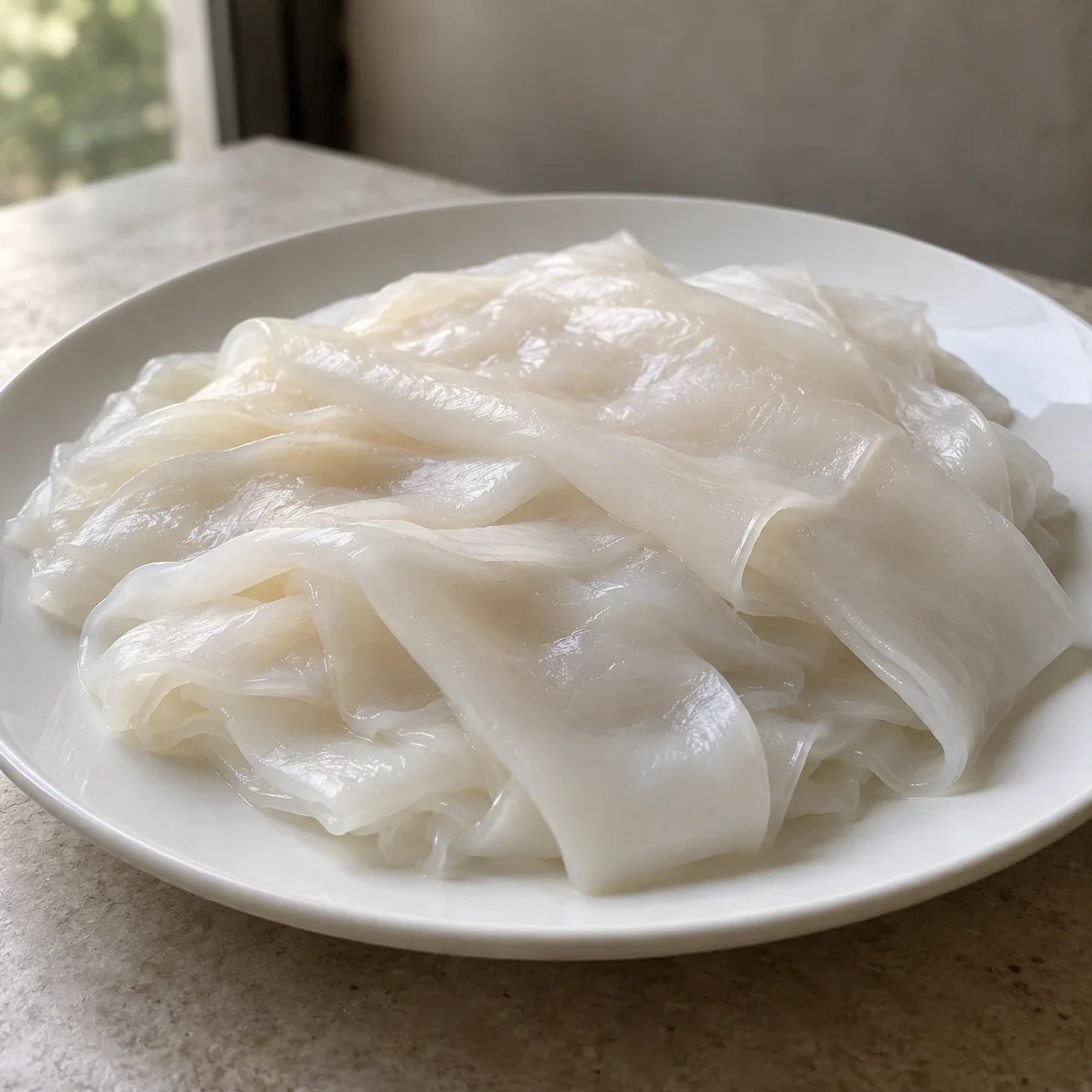 AI-generated editorial illustration of Shunde Chencun rice noodles.