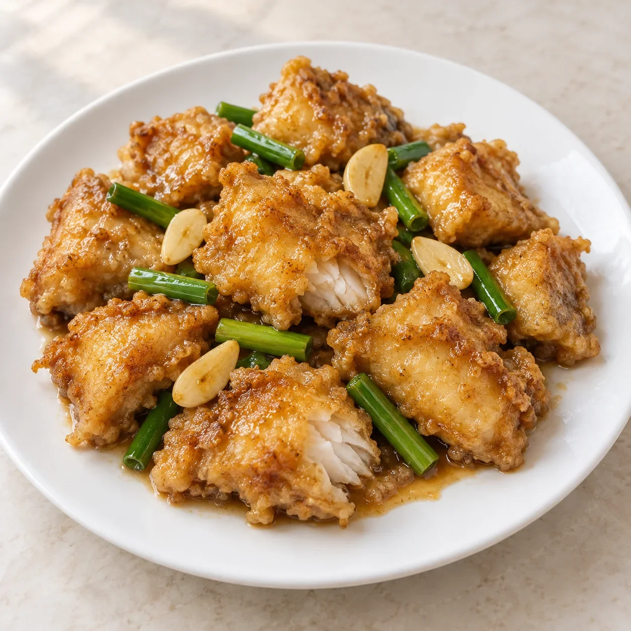 Illustration of Tongzhou fried catfish pieces in a light sauce with garlic and green garlic.