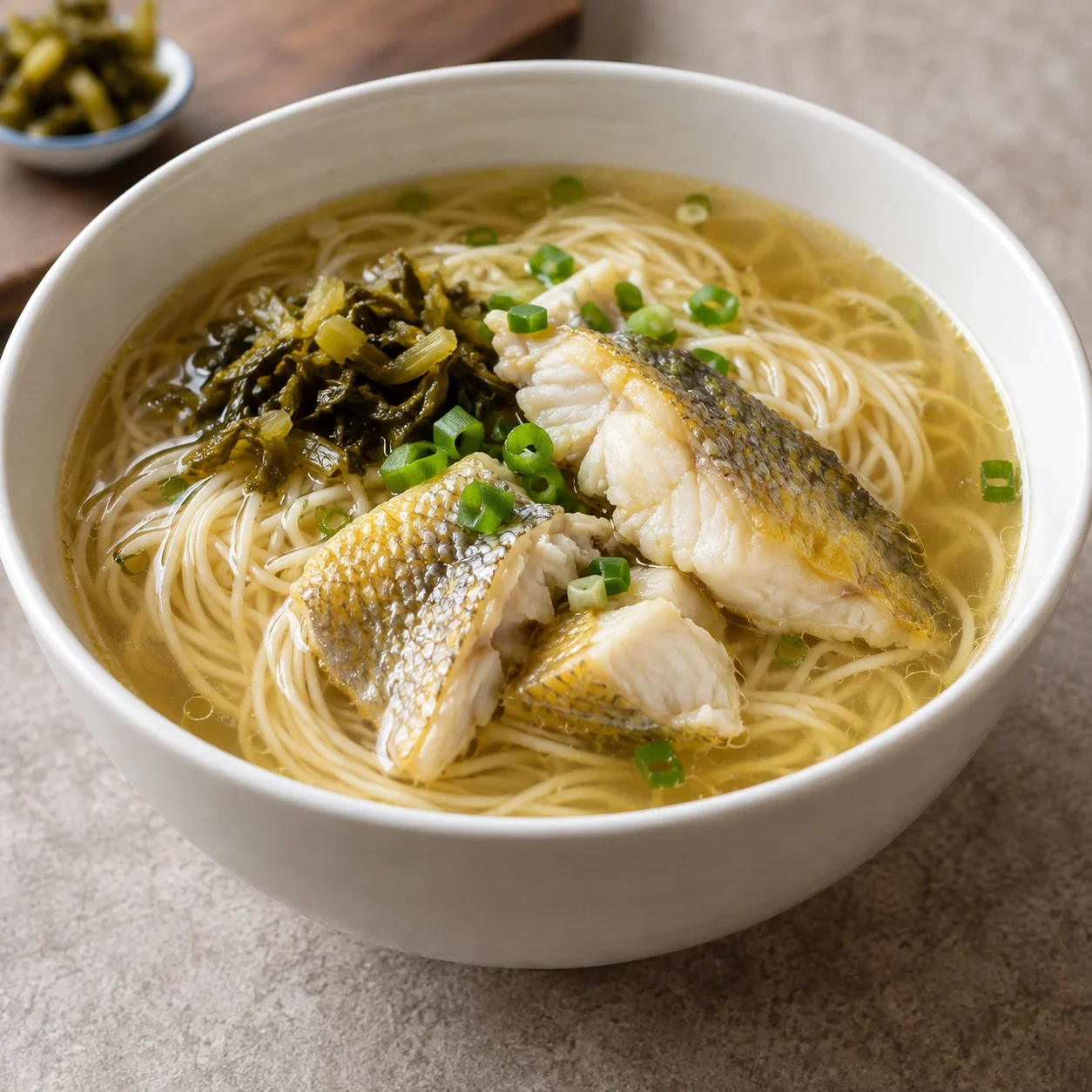 AI-generated editorial illustration of Yellow croaker noodle soup.