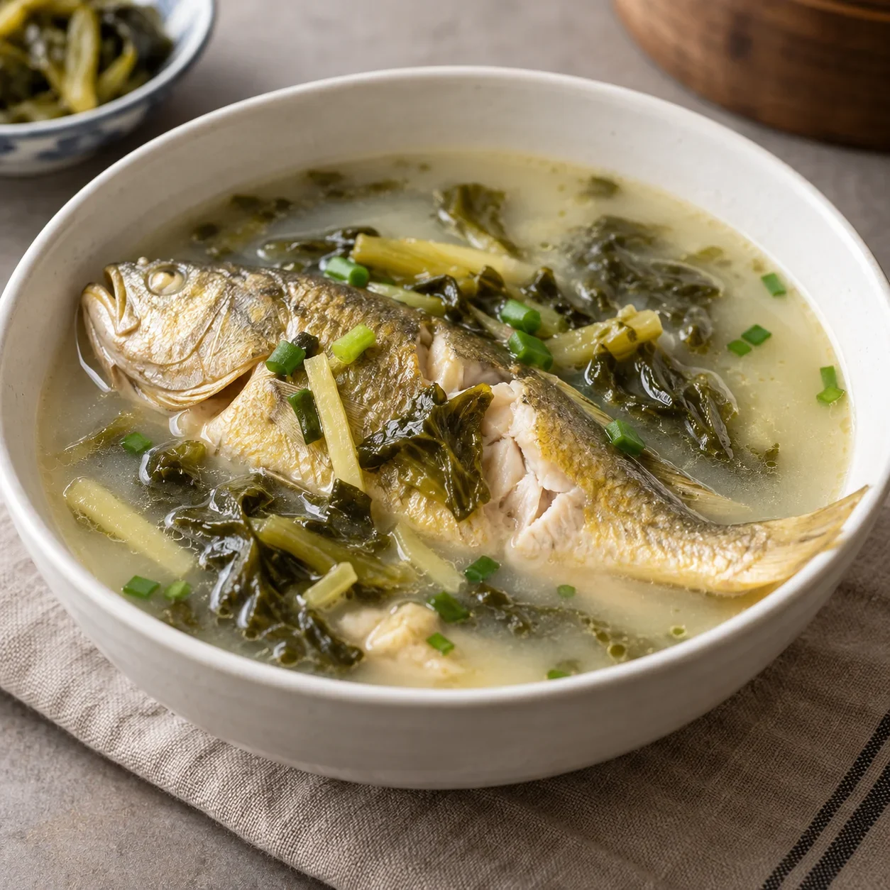 AI-generated editorial illustration of Yellow croaker soup with preserved mustard greens.