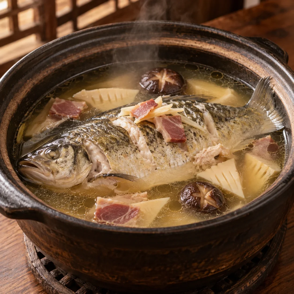 AI-generated editorial illustration of Ya’an fish simmered in a clay pot.