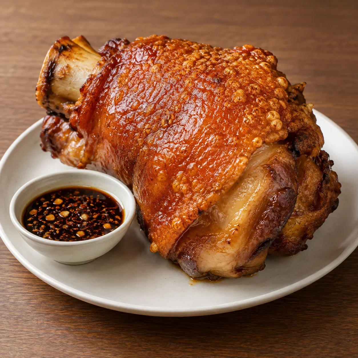 AI-generated editorial illustration of Crisp-skinned Dongpo roast pork knuckle.