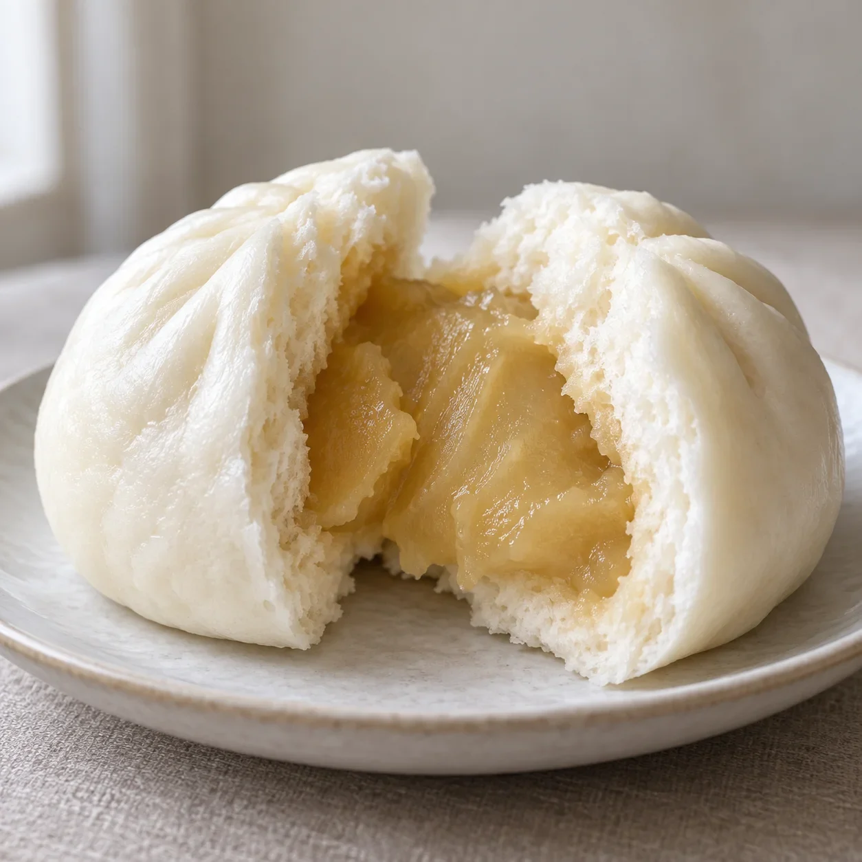 AI-generated editorial illustration of Steamed lotus paste bun.