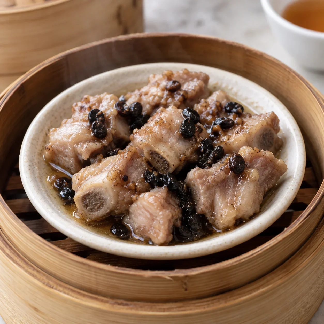 AI-generated editorial illustration of Steamed pork ribs with fermented black beans.