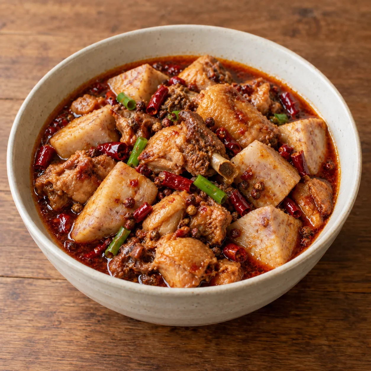 Illustration of cooked chicken and pale taro chunks in a red-brown chili sauce with dried chilies, Sichuan pepper and scallion.