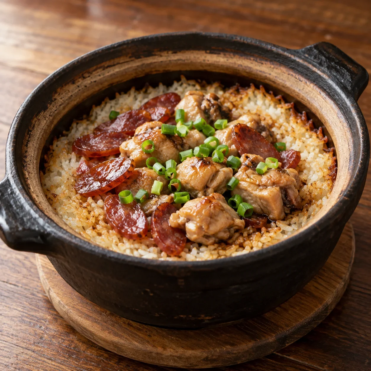 AI-generated editorial illustration of Cantonese claypot rice.
