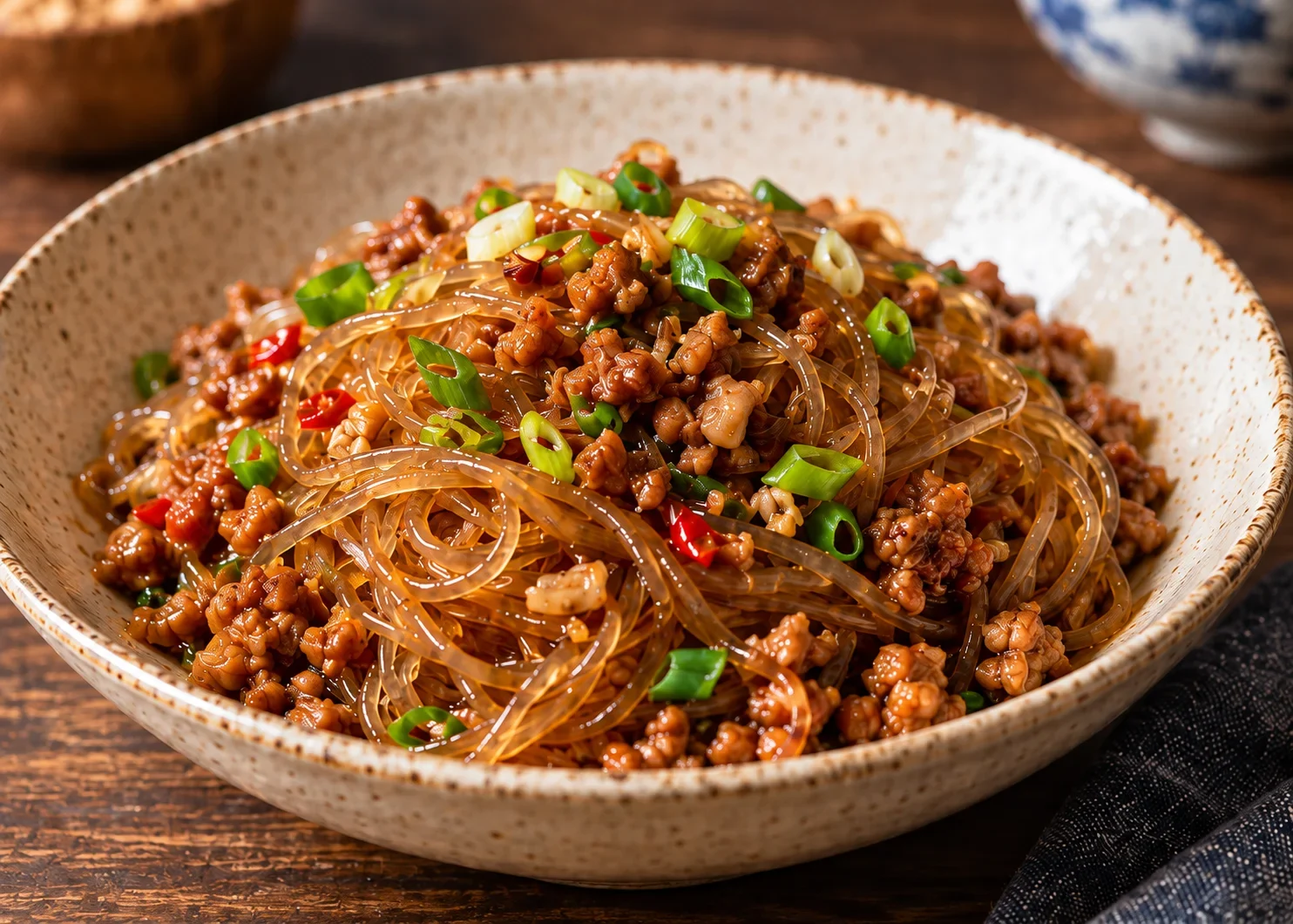 Illustration of glass noodles with minced pork and scallions
