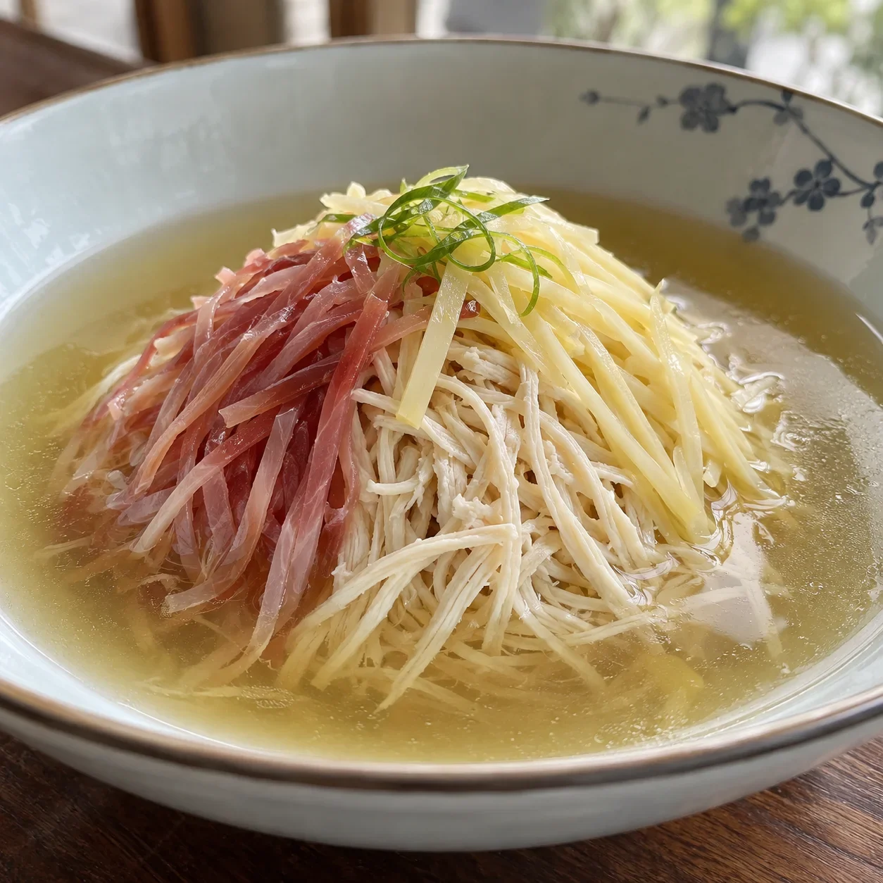 AI-generated editorial illustration of Steamed chicken, ham and bamboo-shoot threads.