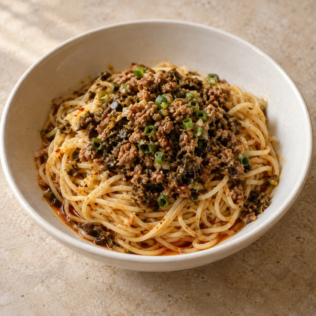 Generated guide illustration of dan dan noodles with minced pork and preserved mustard greens