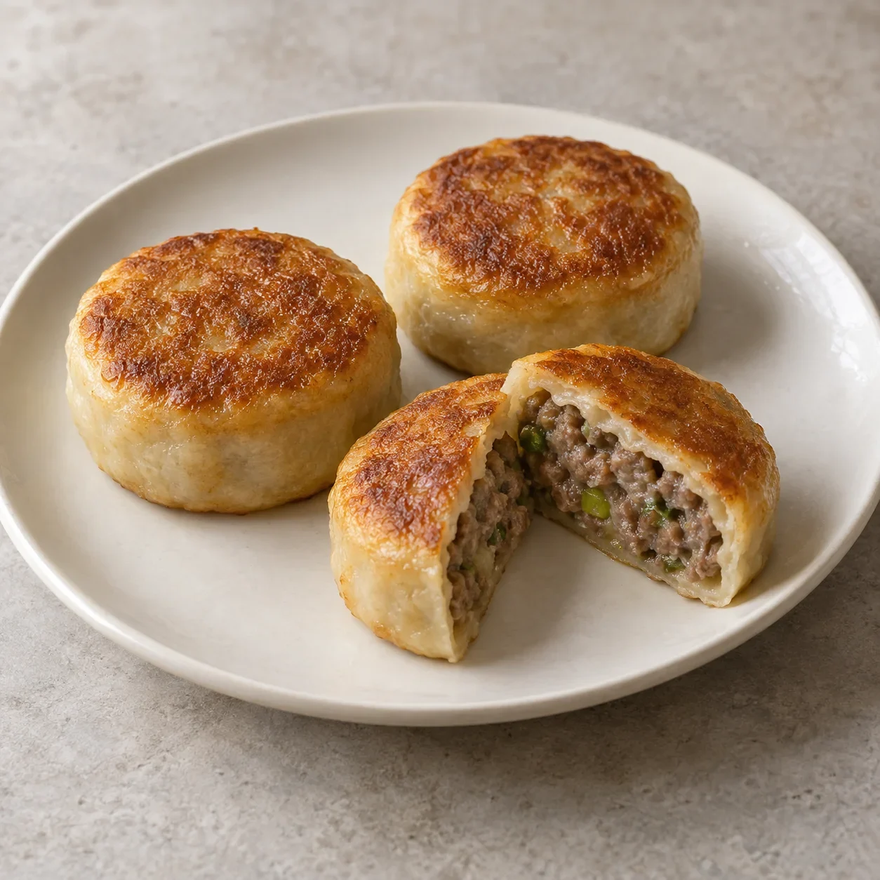 Illustration of Beijing mending roubing, golden pan-fried beef pies with one cut open.