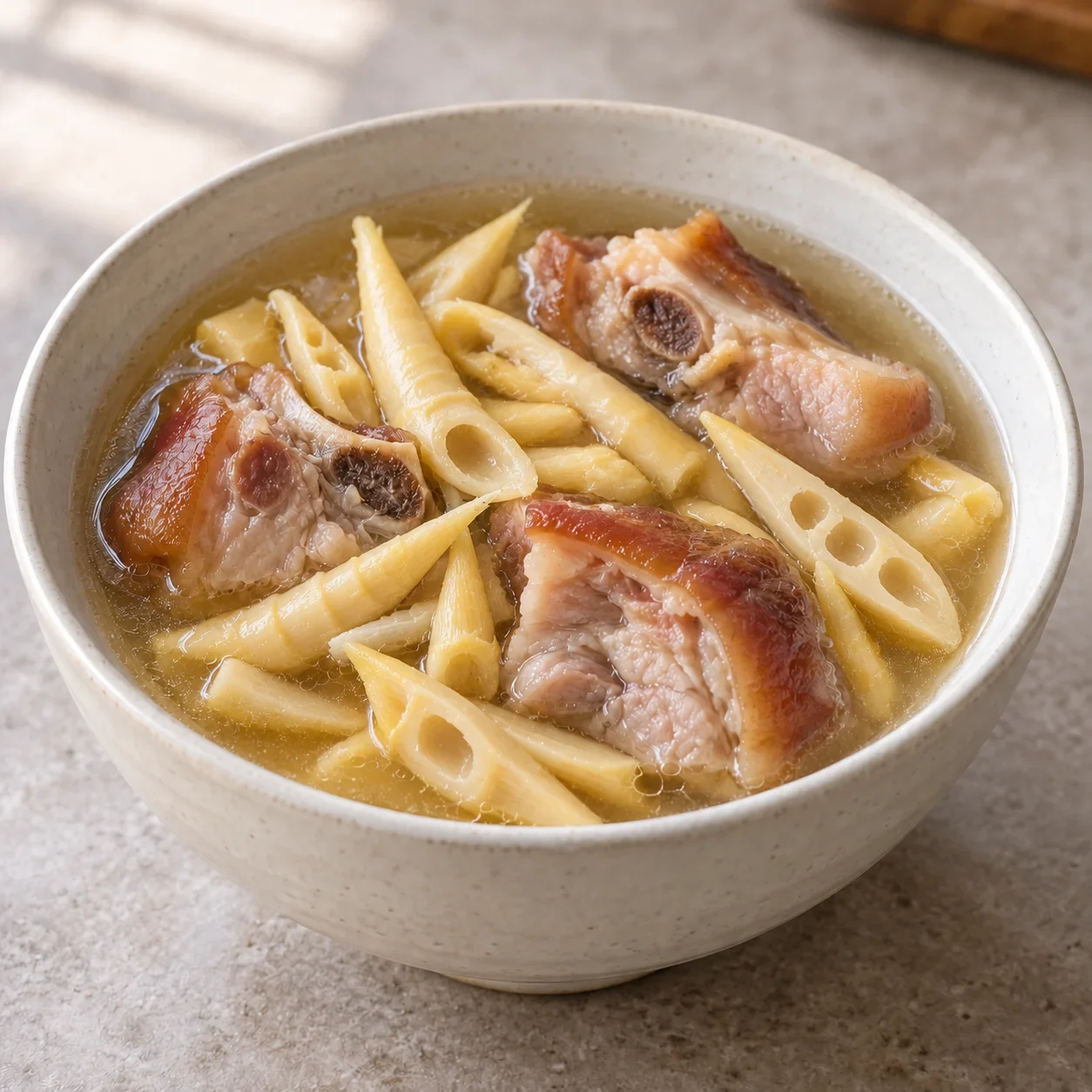 Illustration of Jinfo Bamboo Shoot and Cured Trotter Soup, a cooked dish.