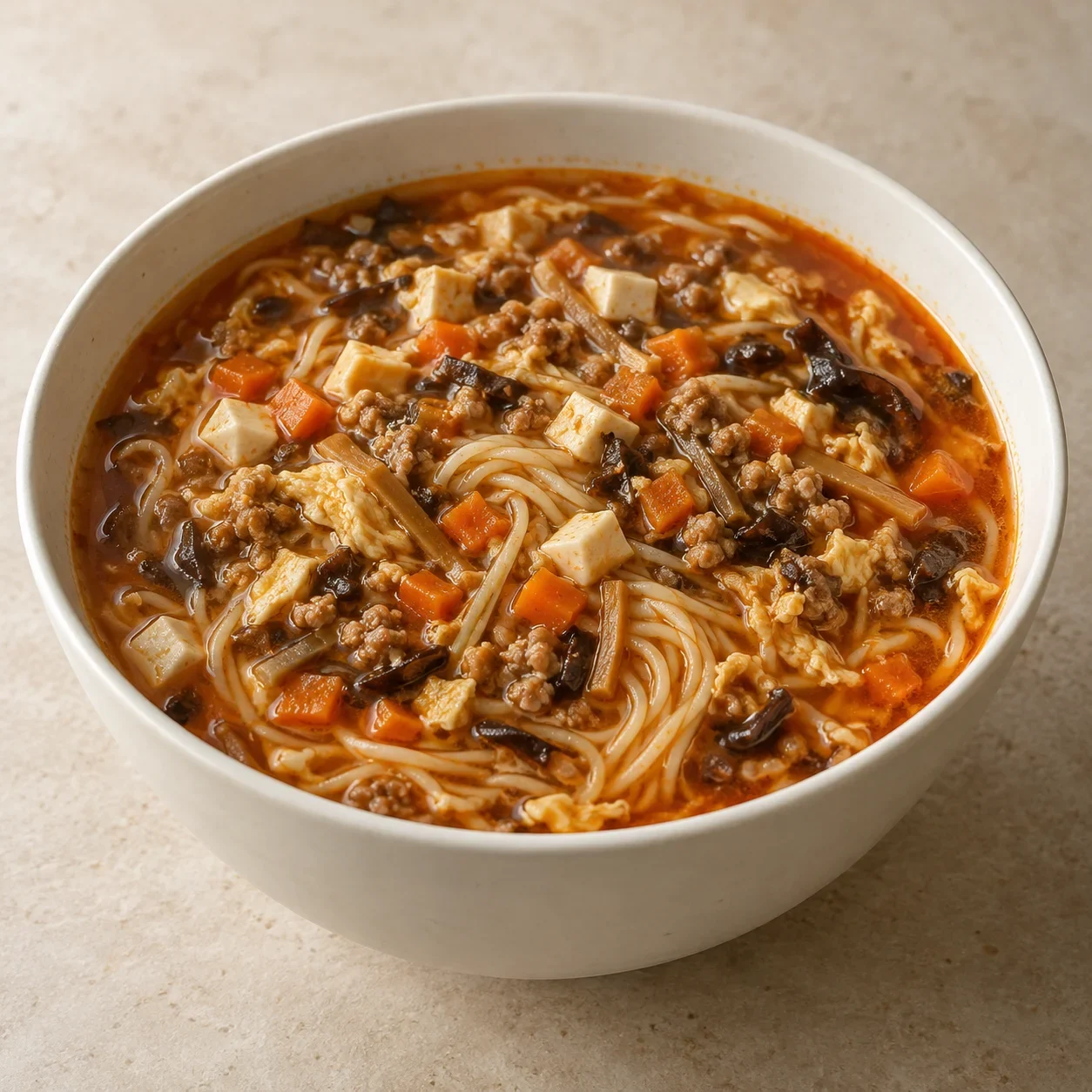 Generated guide illustration of qishan saozi noodles, not a restaurant photograph.
