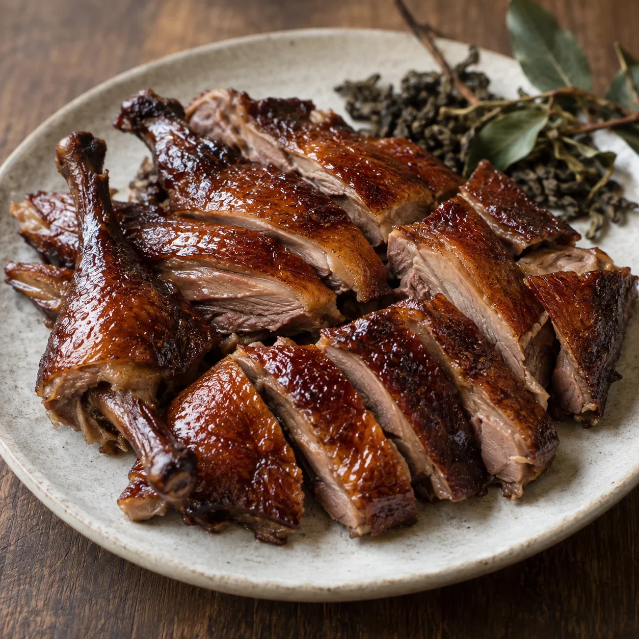 AI-generated editorial illustration of Tea-smoked Sichuan duck.
