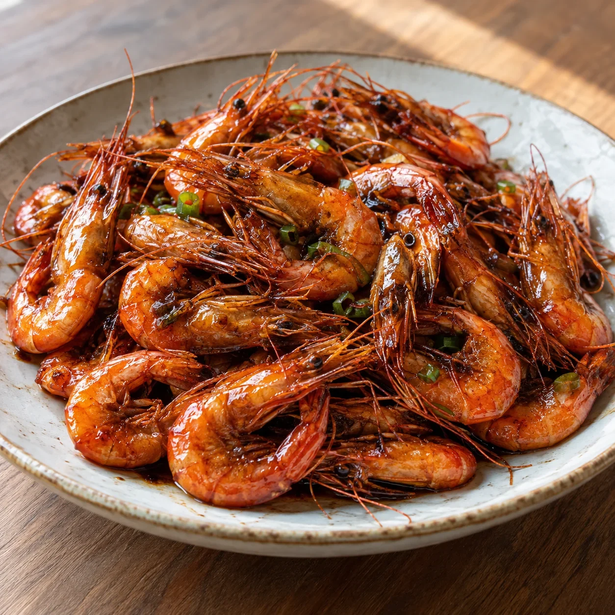 AI-generated editorial illustration of Shanghai crisp-fried shrimp in sweet soy sauce.