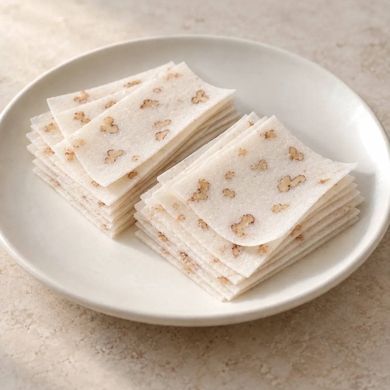 Thin, soft white rice-confection slices with small walnut pieces.