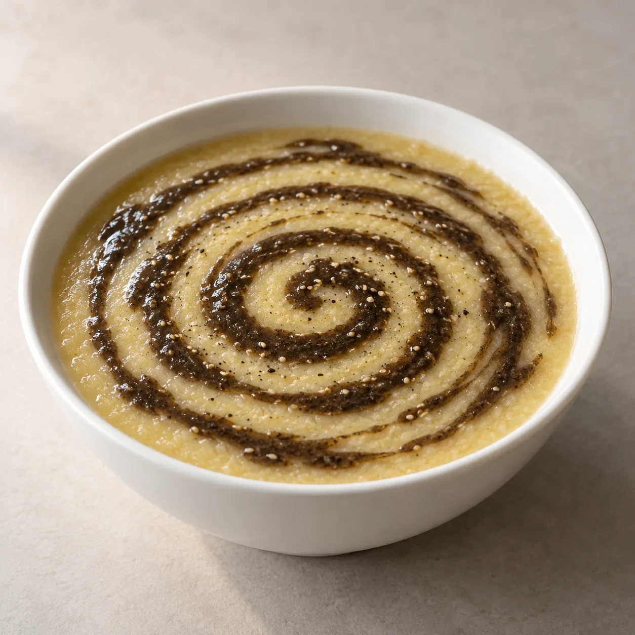 Illustration of miancha, thick millet-flour gruel topped with swirls of sesame paste.