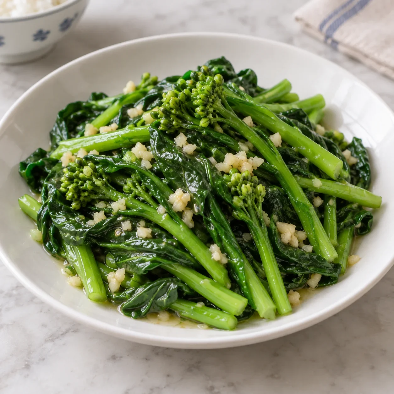AI-generated editorial illustration of Garlic choy sum.