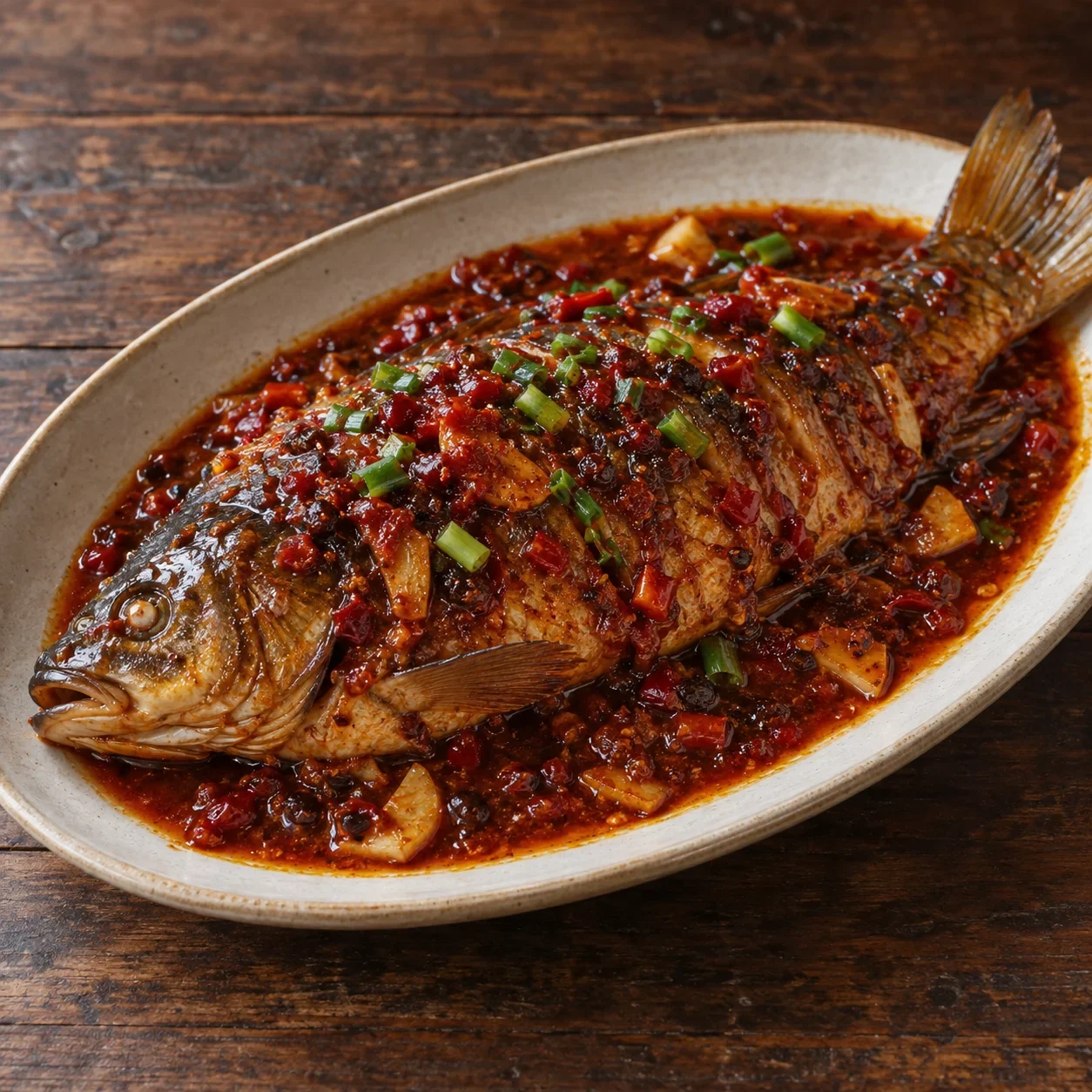 AI-generated editorial illustration of Fish braised in Pixian chili-bean sauce.