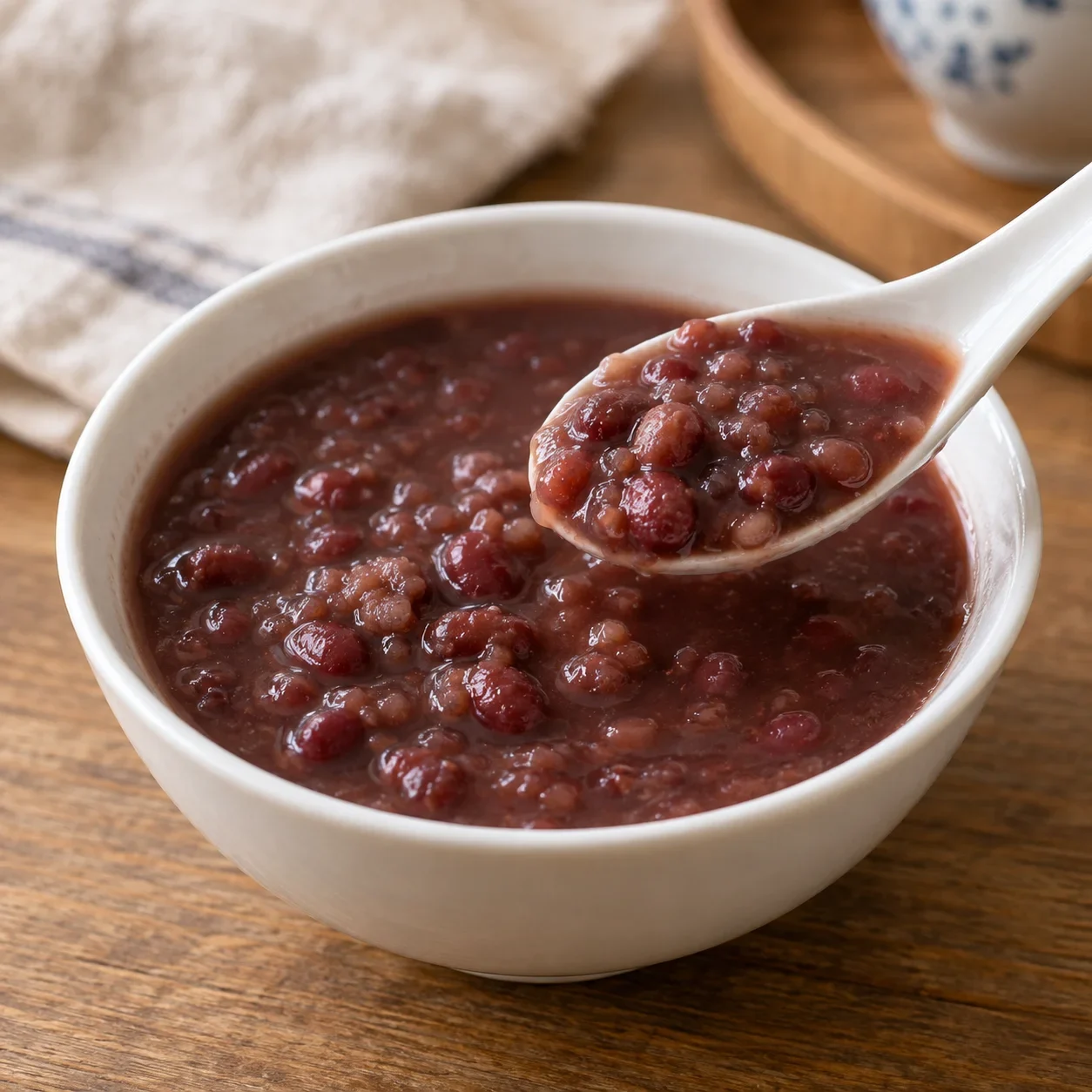 AI-generated editorial illustration of Red bean sweet soup.