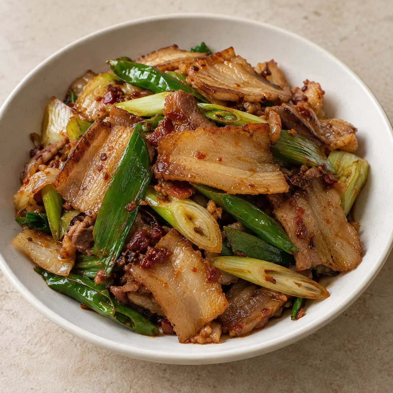 Generated guide illustration of twice cooked pork; not a restaurant photograph.