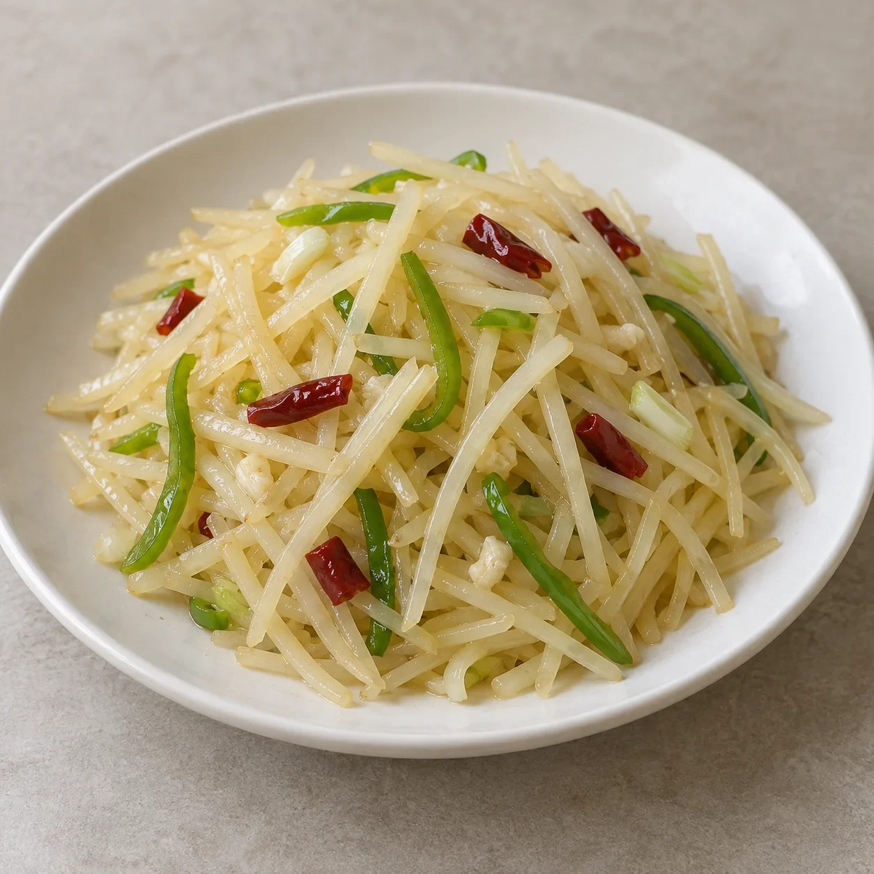 Generated guide illustration of sour and spicy shredded potatoes; not a restaurant photograph.