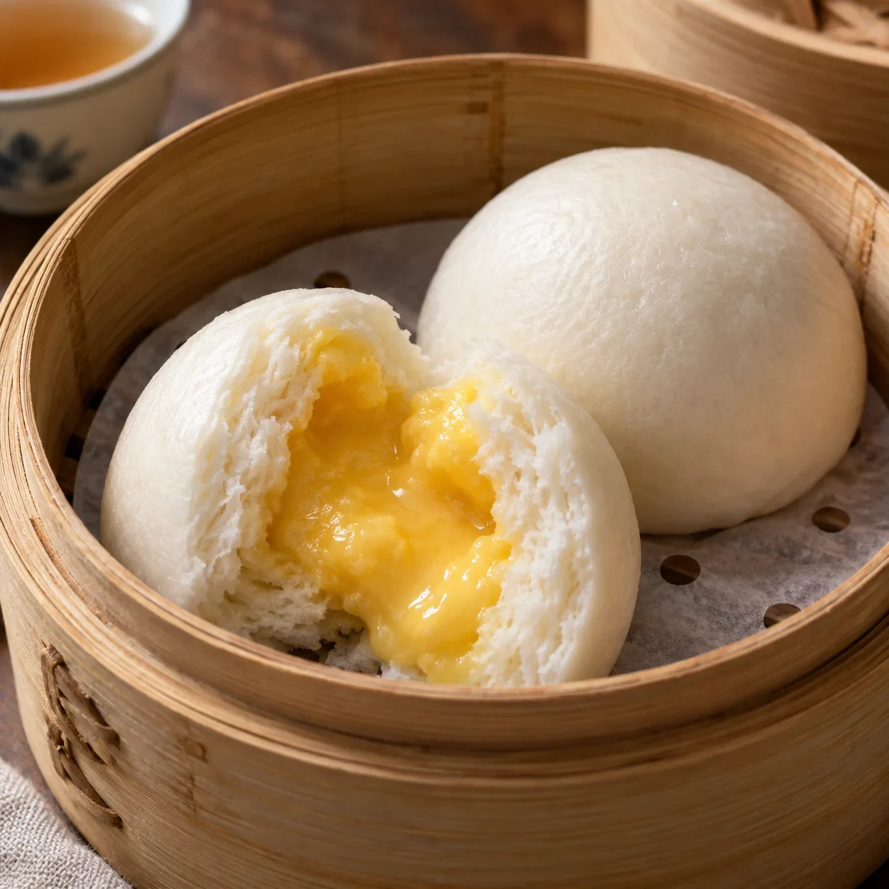 AI-generated editorial illustration of Steamed custard bun.