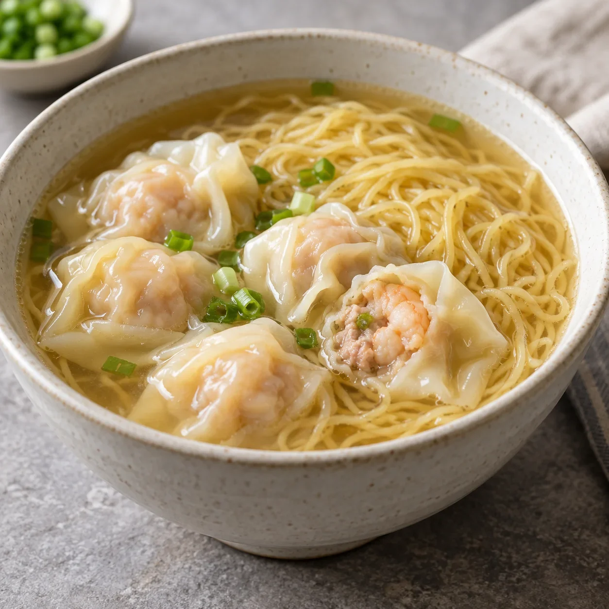 AI-generated editorial illustration of Cantonese wonton noodle soup.