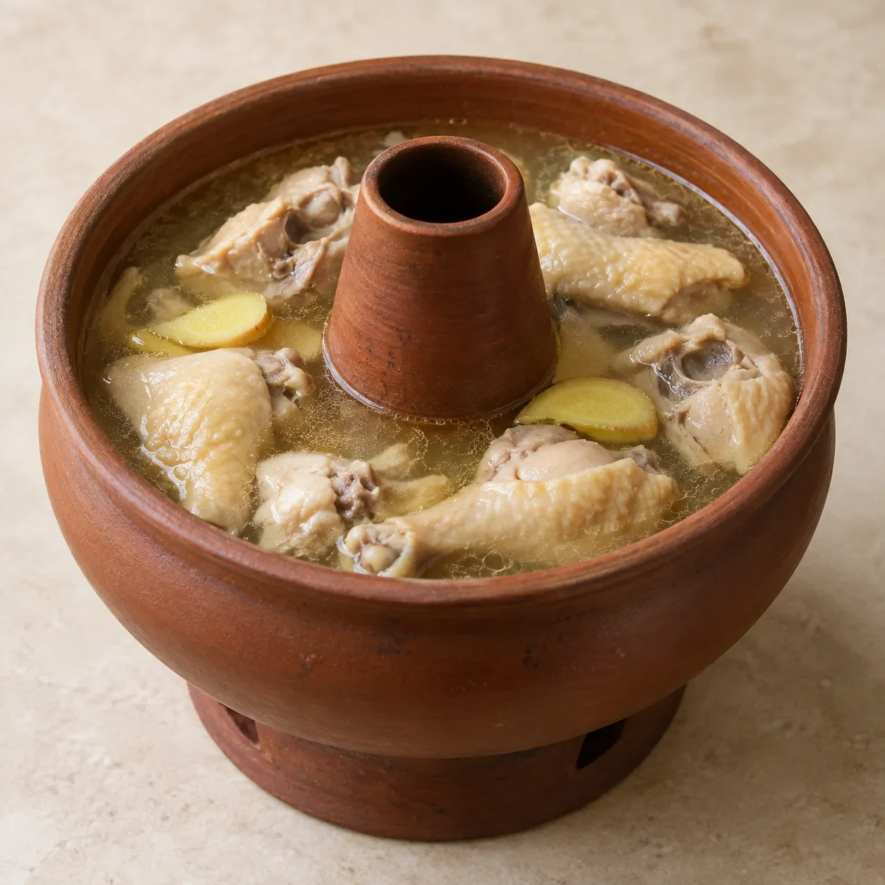 Generated guide illustration of steam pot chicken, not a restaurant photograph.