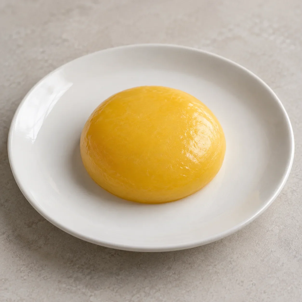 Illustration of san bu nian, a glossy golden egg-yolk dessert on a white plate.