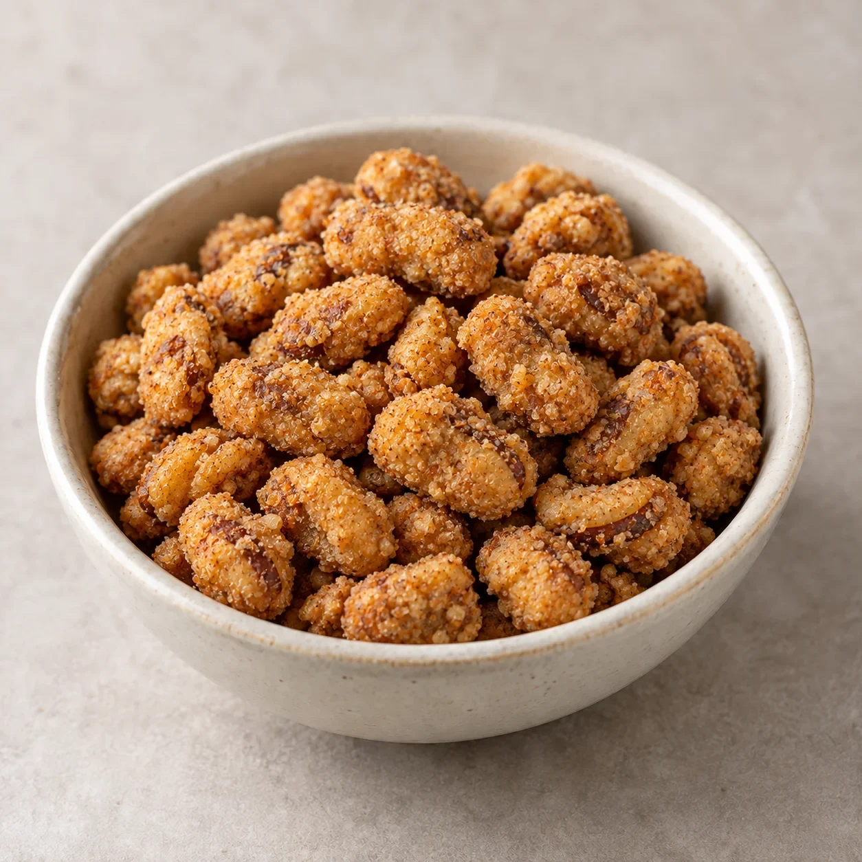 Crunchy broad beans with a rough sugar-and-spice coating in a plain bowl.