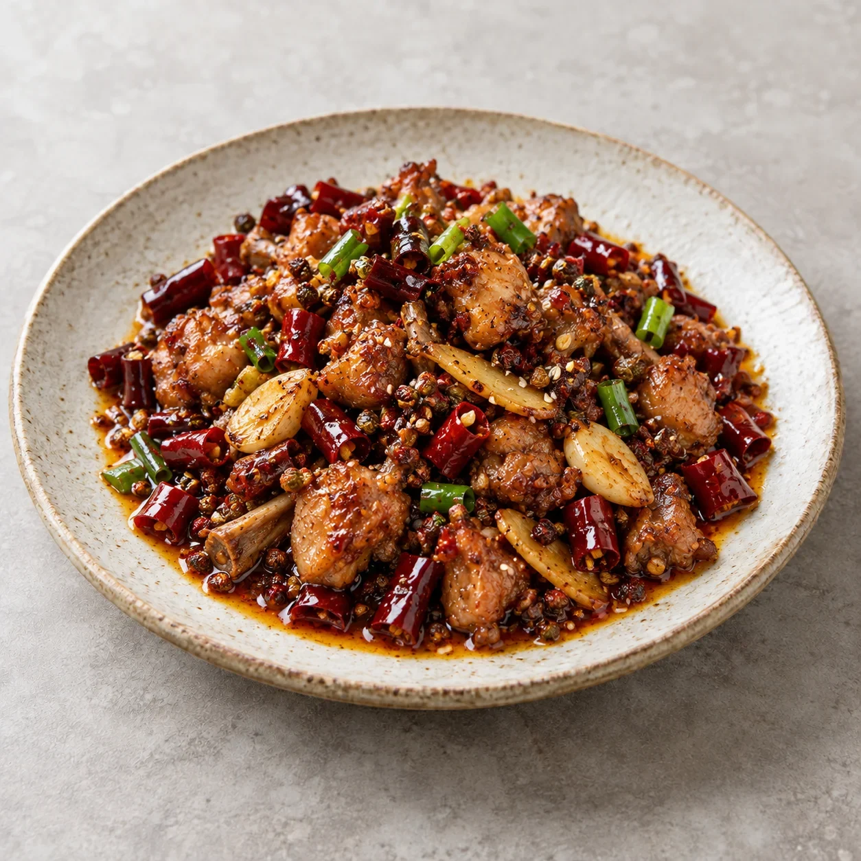 Illustration of small cooked rabbit pieces in red chili oil with dried chilies, Sichuan pepper, garlic and scallions.