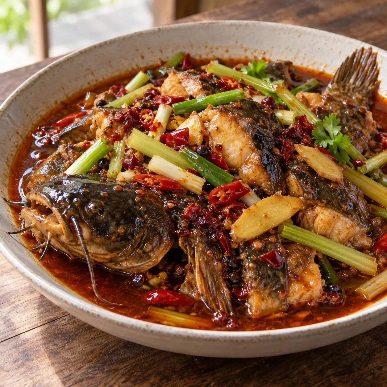 AI-generated editorial illustration of Changhong catfish with ginger and chili.