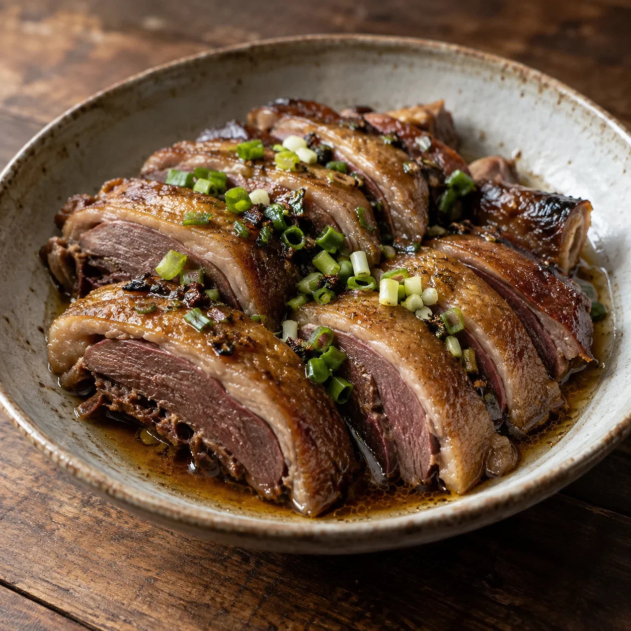 AI-generated editorial illustration of Smoked goose finished in hot oil.