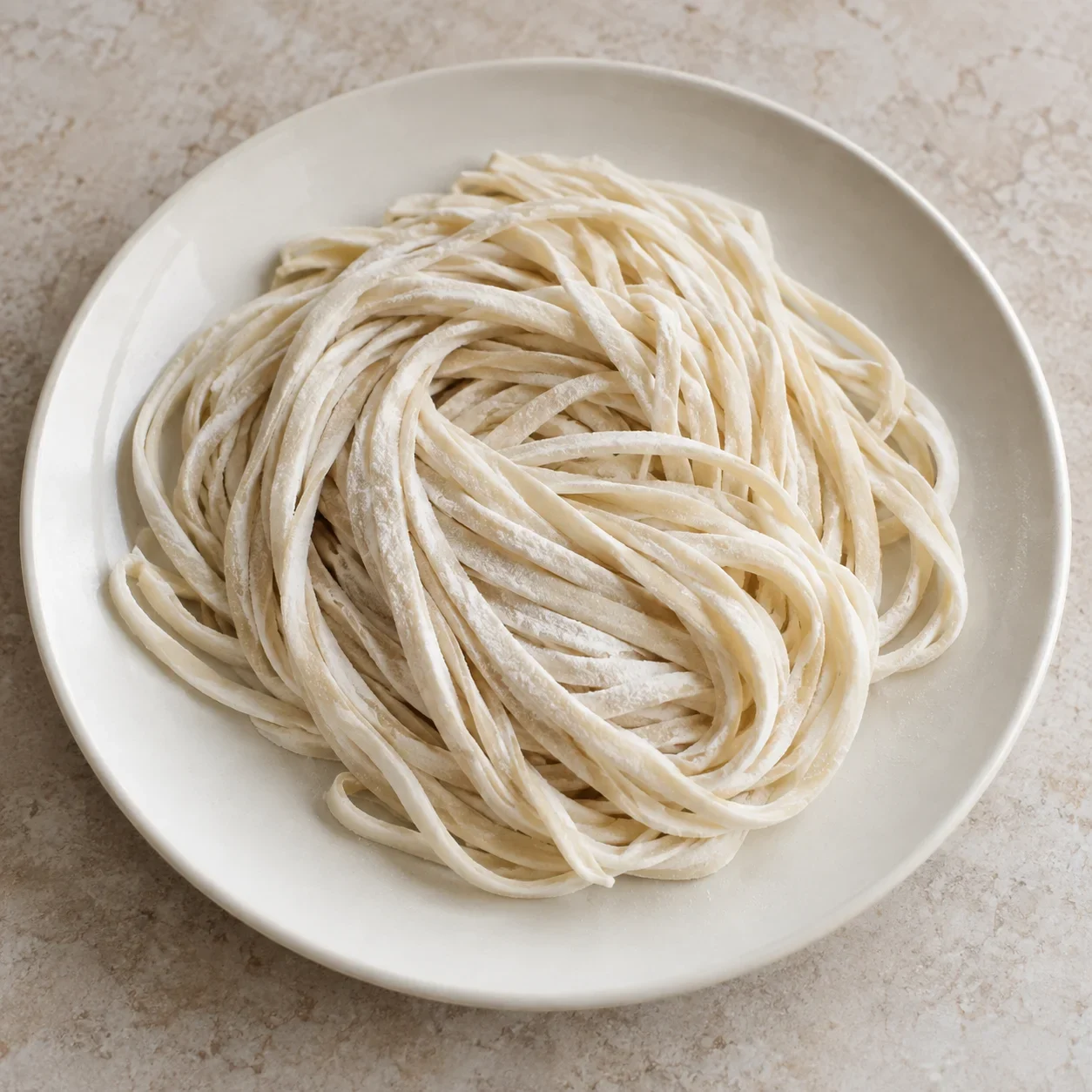 Generated guide illustration of fresh white wheat noodles; thickness and preparation vary.
