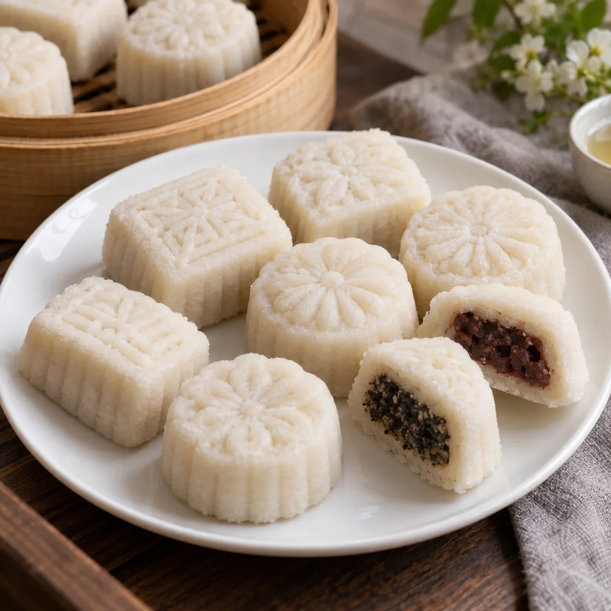 AI-generated editorial illustration of Luojing molded steamed rice cakes.