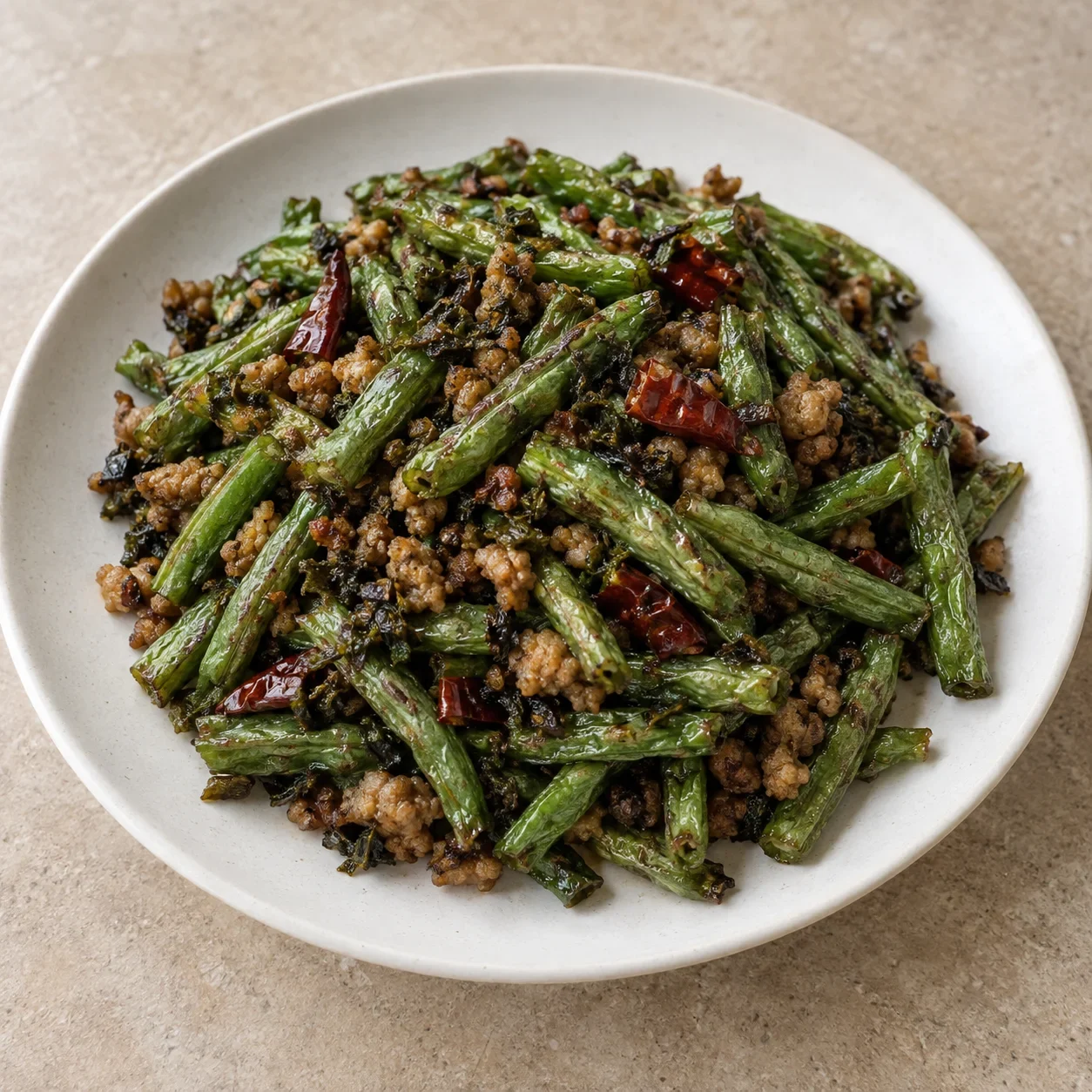 Generated guide illustration of sichuan dry fried green beans