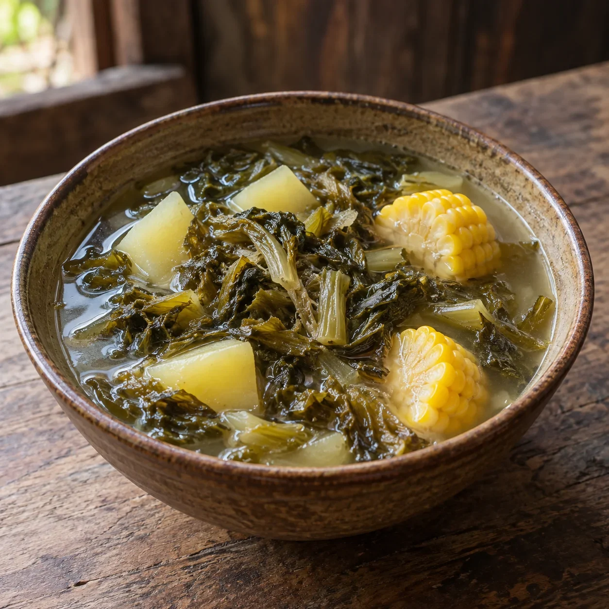 AI-generated editorial illustration of Liangshan sour-greens soup.