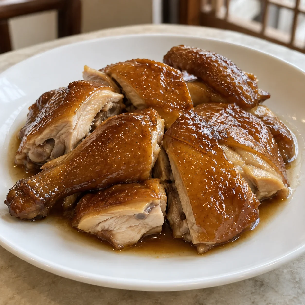 AI-generated editorial illustration of Soy sauce chicken.