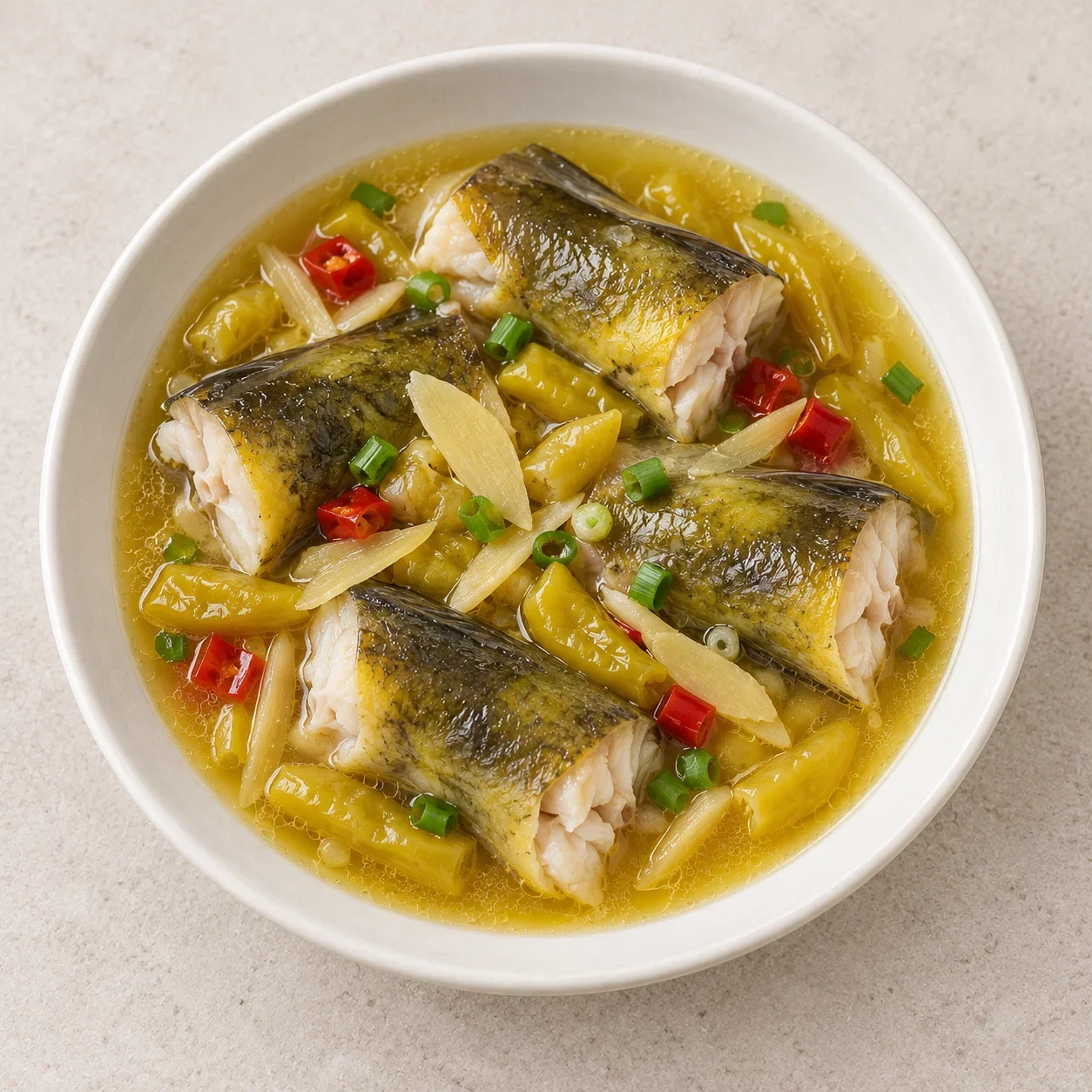 Illustration of Pickled-Chili Yellow Catfish, a cooked dish.
