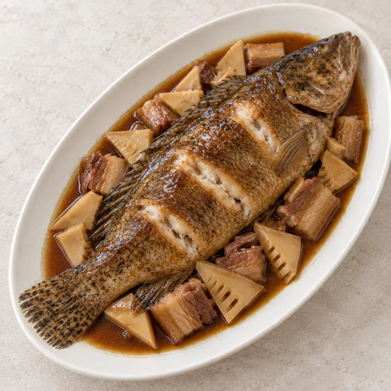 Cooked braised mandarin fish with pork and bamboo shoots in a brown sauce, seen from above.