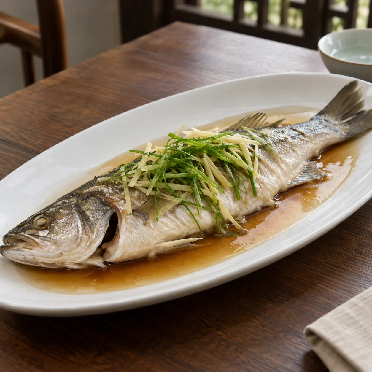 AI-generated editorial illustration of Cantonese steamed fish.
