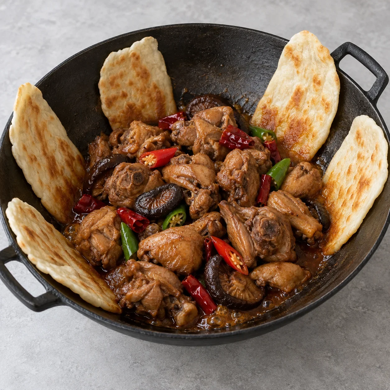 Generated guide illustration: Diguo chicken with pot-edge flatbreads.
