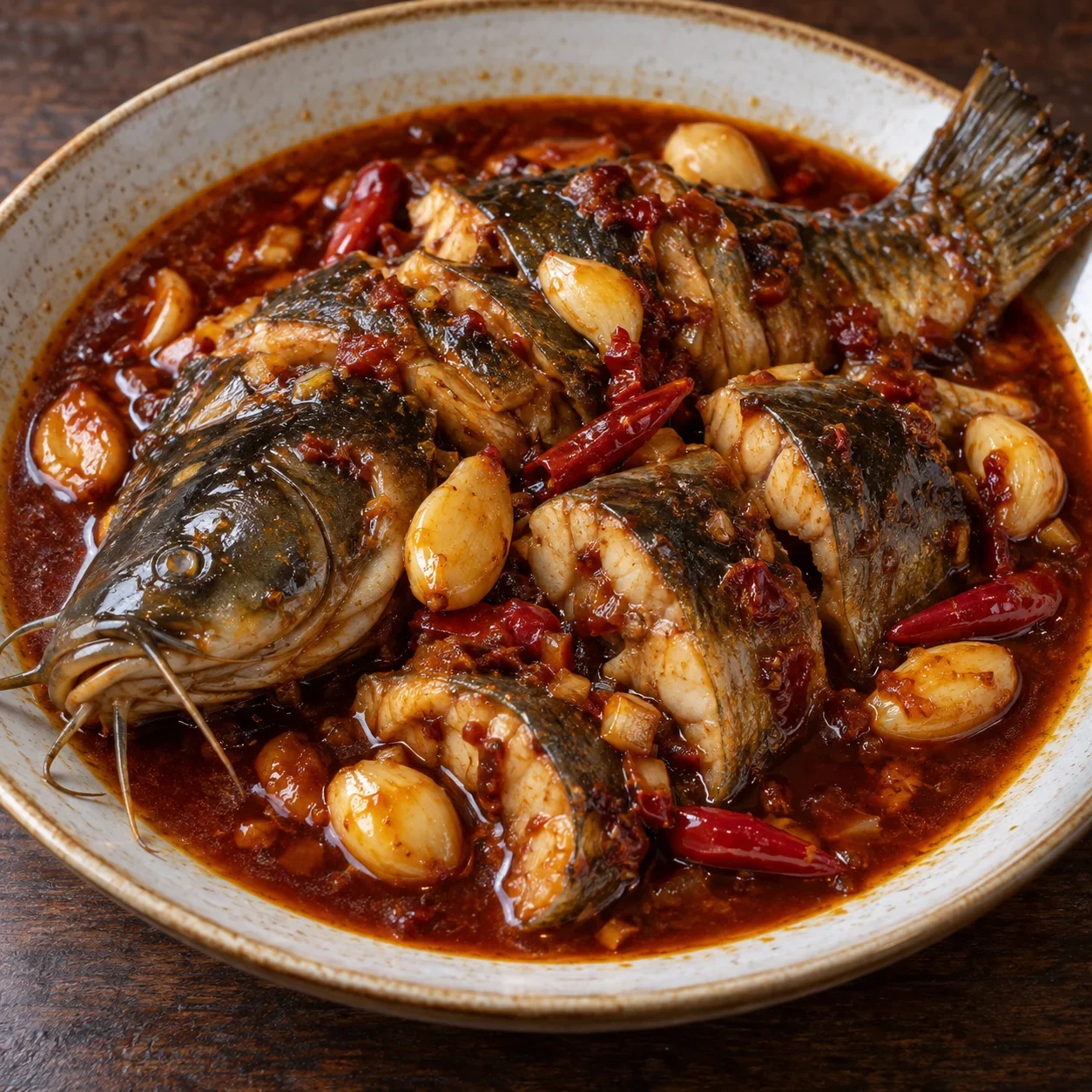 AI-generated editorial illustration of Catfish braised with whole garlic.