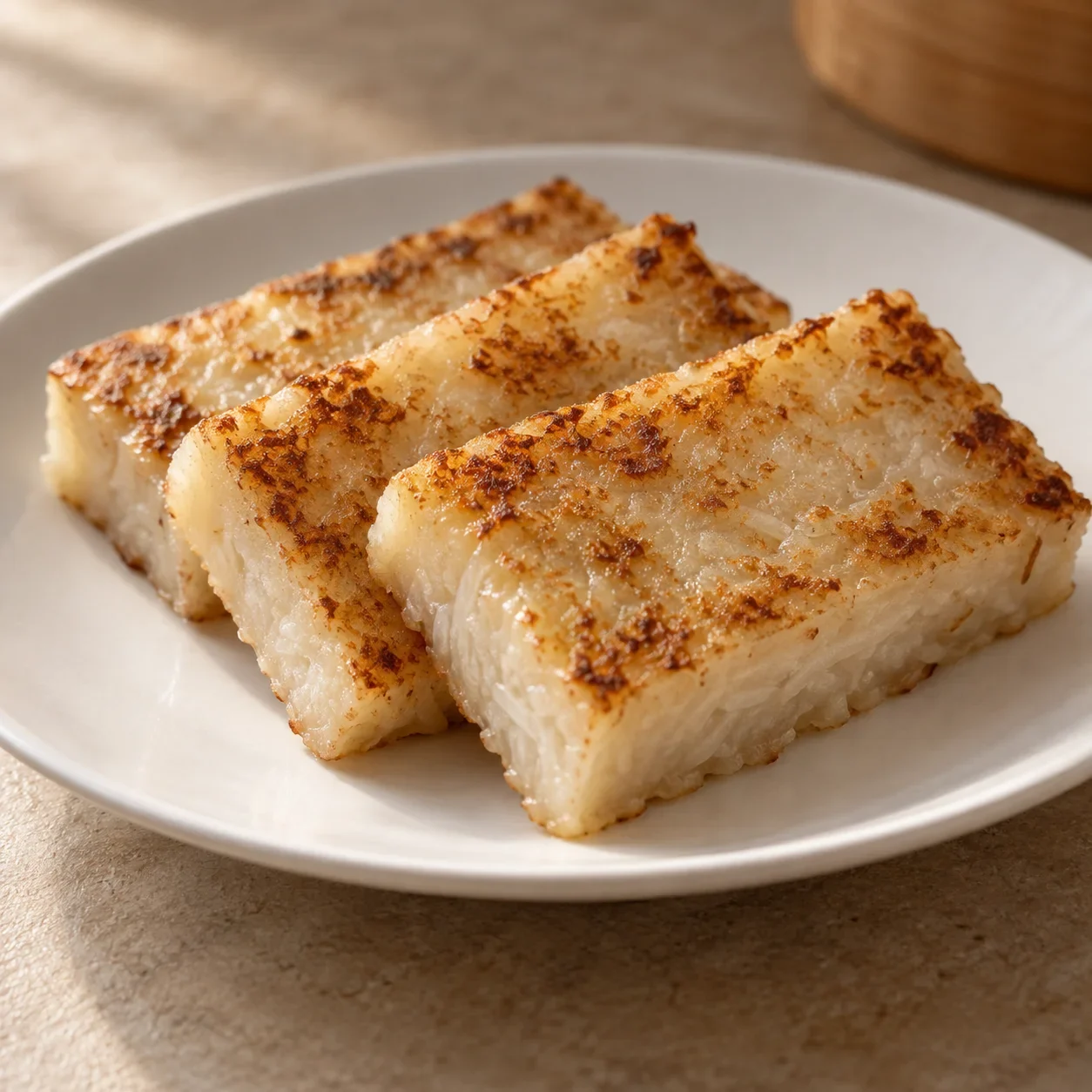 AI-generated editorial illustration of Turnip cake.